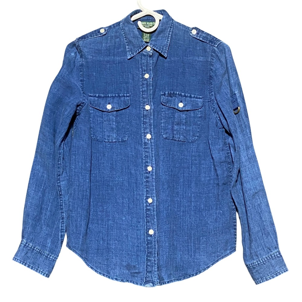 VTG Lauren Jeans‎ Co Petite Chambray Button Down Shirt Blue Linen Size P/P NWT